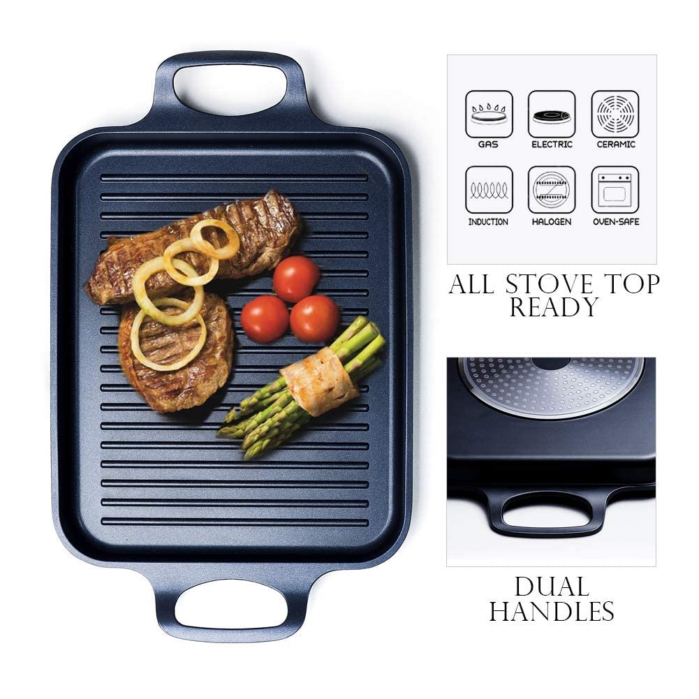 S·KITCHN glass-surface grill pan allows monitoring of browning progress