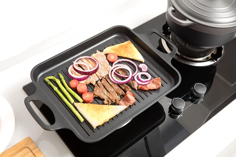 S·KITCHN grill pan on gas range for versatile indoor grilling