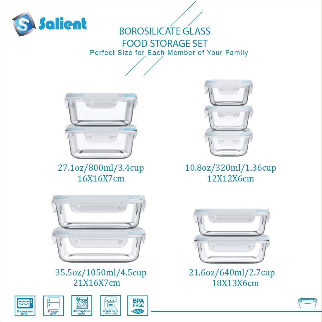 S SALIENT rectangle 21-6oz glass container ideal for portions and snacks.