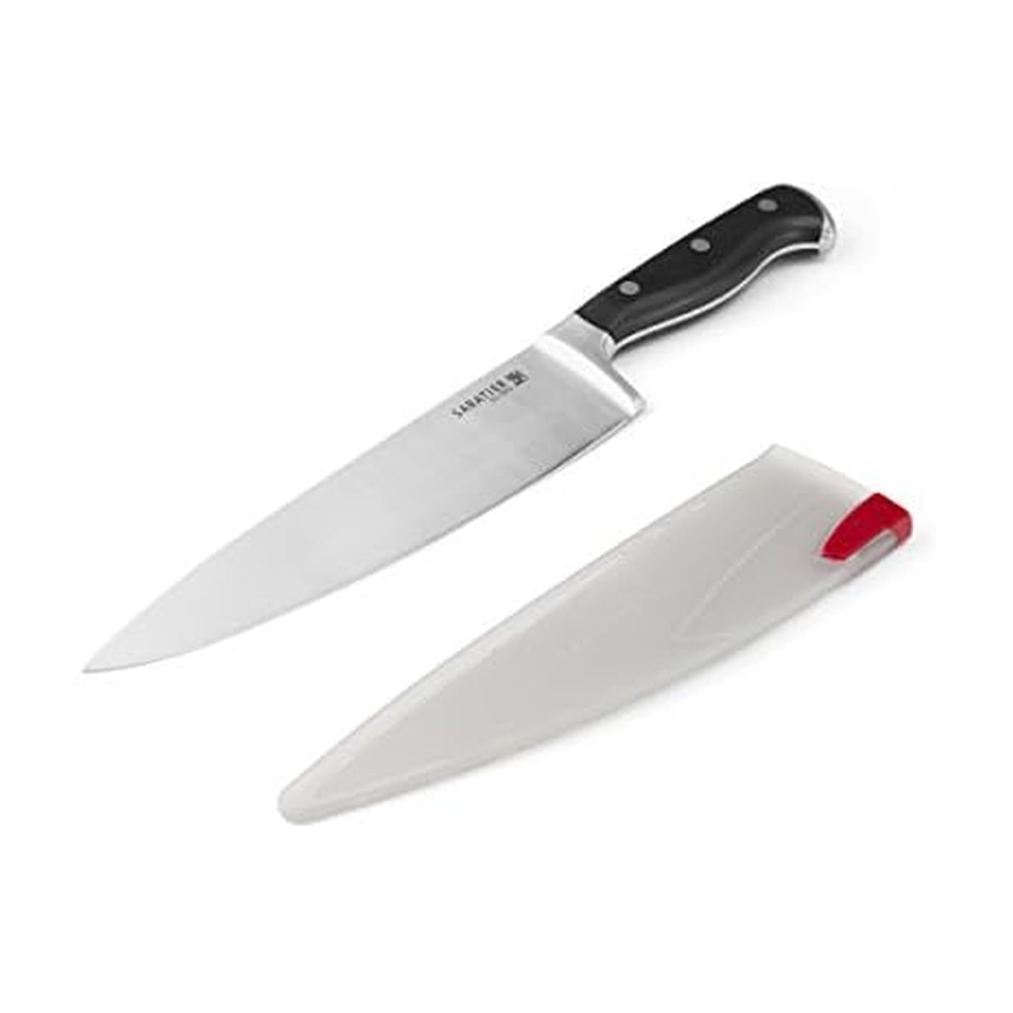 Sabatier EdgeKeeper knife blade close-up showing razor sharp edge for clean slices