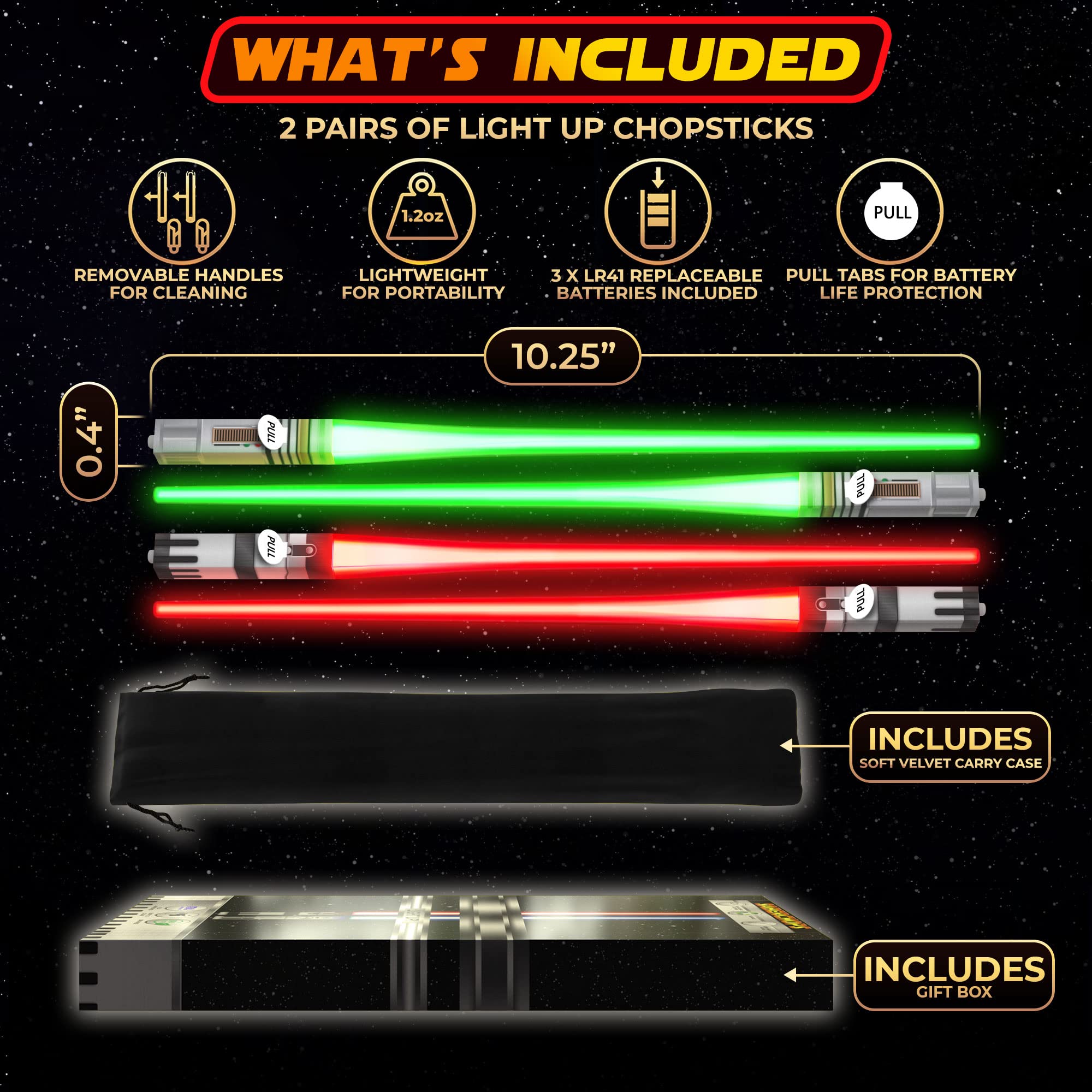 Saber Chops battery compartment shows quick on/off control for instant glow.