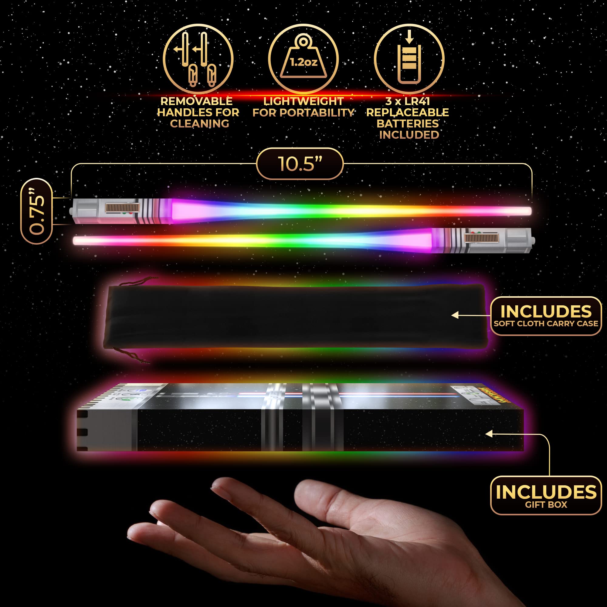 Saber Chops BPA-free plastic chopsticks with glowing lights for themed meals.