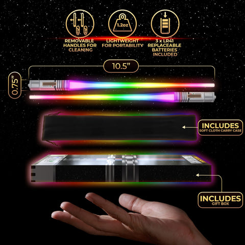 Saber Chops BPA-free plastic chopsticks with glowing lights for themed meals.