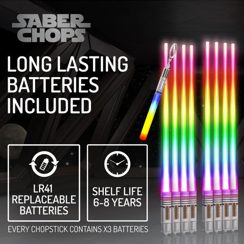 Saber Chops green glow chopsticks enhance playful noodle bowls.
