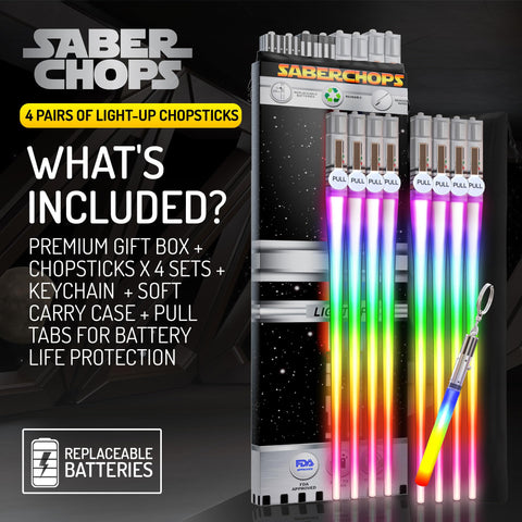 Saber Chops red light-up chopsticks glow for dramatic dining ambiance.