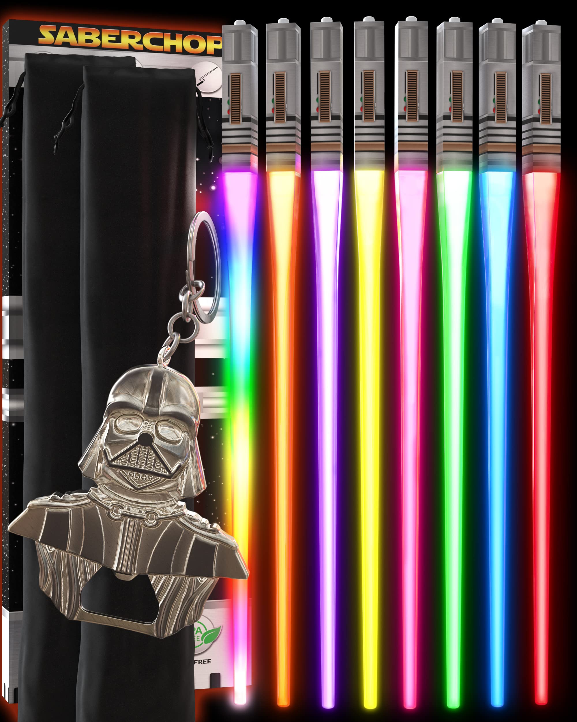 Saber Chops lightsaber chopsticks glow in red and blue for fun dining.