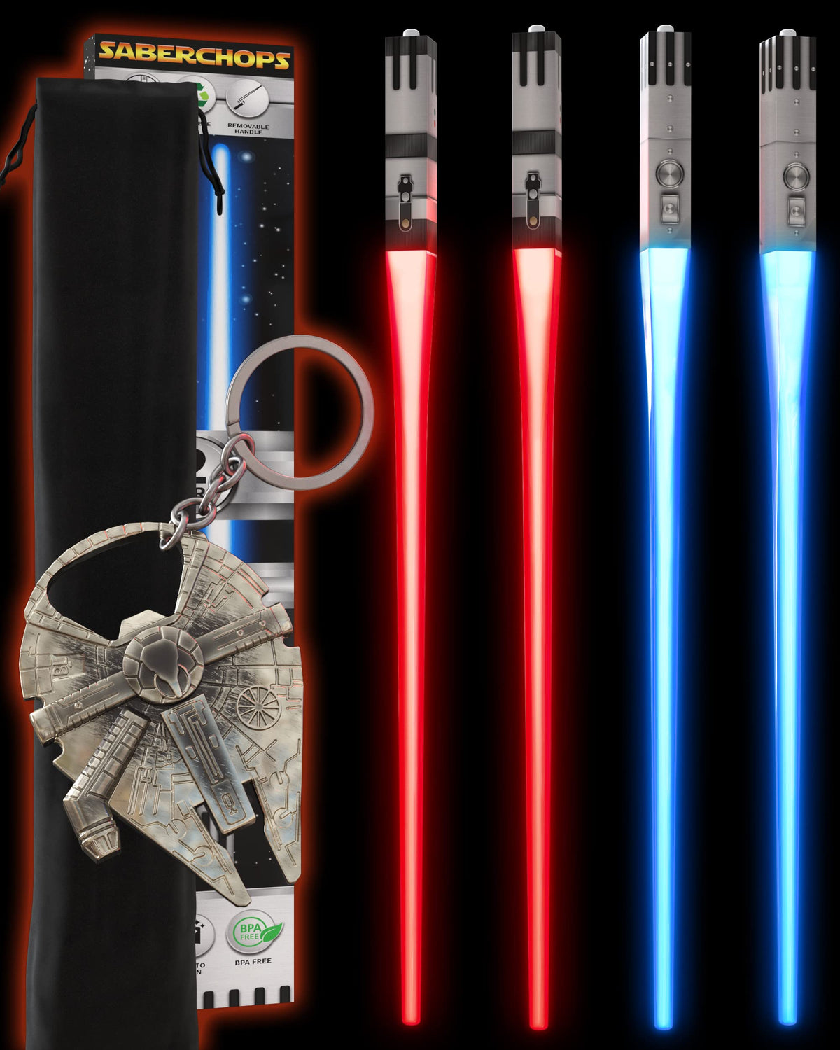 Saber Chops lightsaber chopsticks glow red and blue for fun sushi nights.