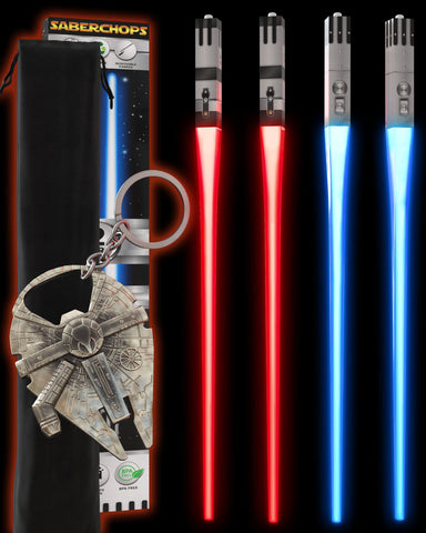 Saber Chops lightsaber chopsticks glow red and blue for fun sushi nights.