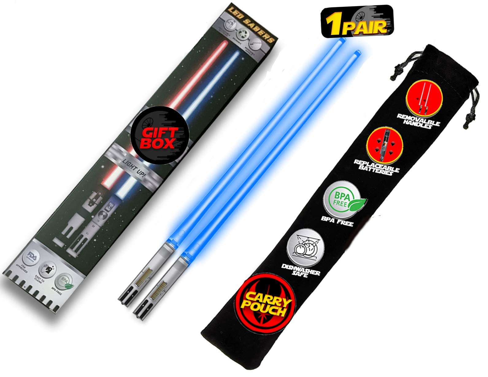 Saber Chops light-up blue chopsticks glow during meals for a playful sushi night.