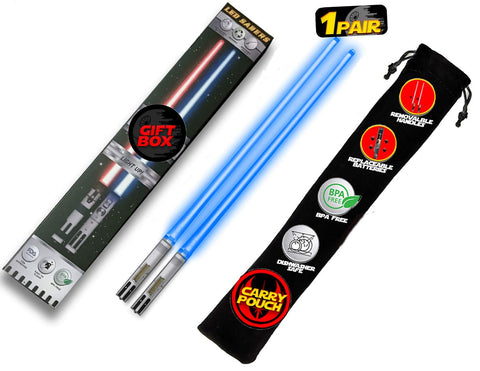 Saber Chops light-up blue chopsticks glow during meals for a playful sushi night.