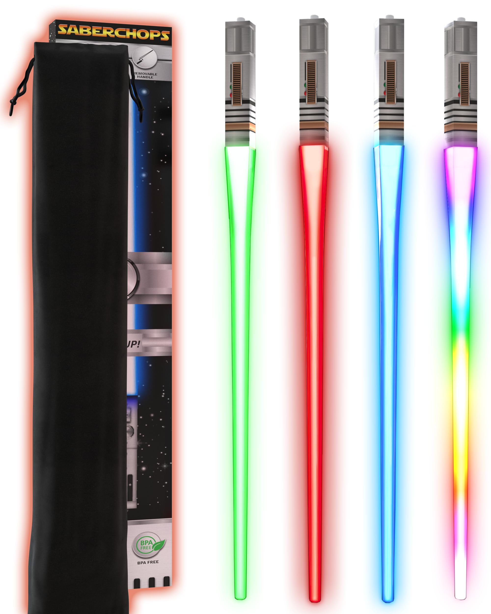 Saber Chops light-up duo chopsticks illuminate meals with vibrant colors.