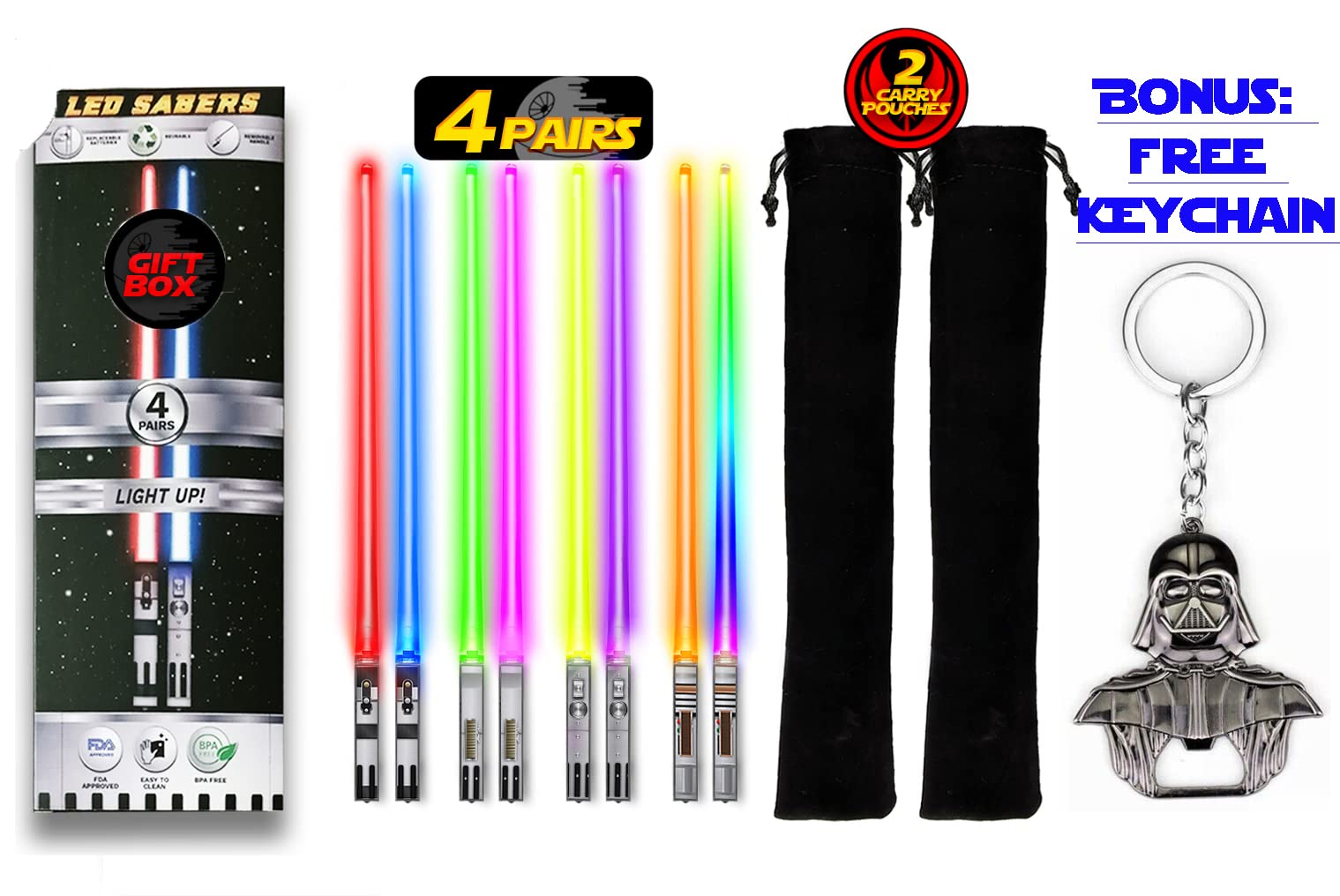 Saber Chops complete set with lighting plus bottle opener and keychain for fans.