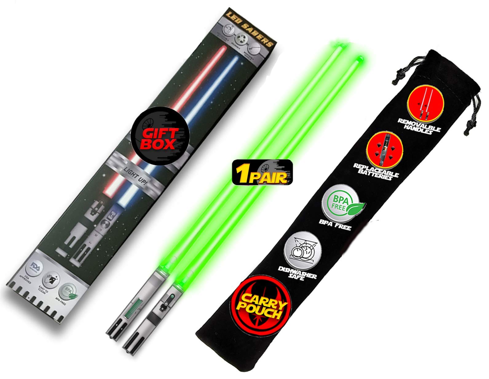Saber Chops light-up chopsticks with red and blue LEDs for a playful dining vibe