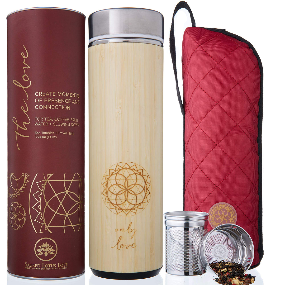 Sacred Lotus Love insulated bamboo tumbler cover for on-the-go style.