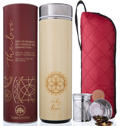 Sacred Lotus Love insulated bamboo tumbler cover for on-the-go style.