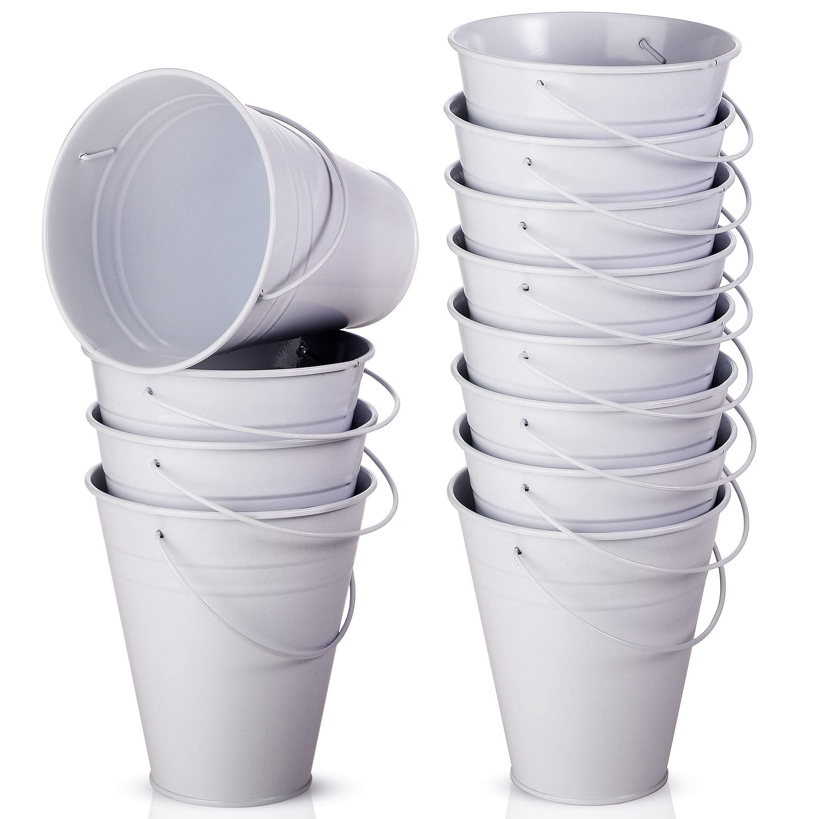 Sadnyy 12-pack metal buckets with handles in galvanized finish for versatile party decor.