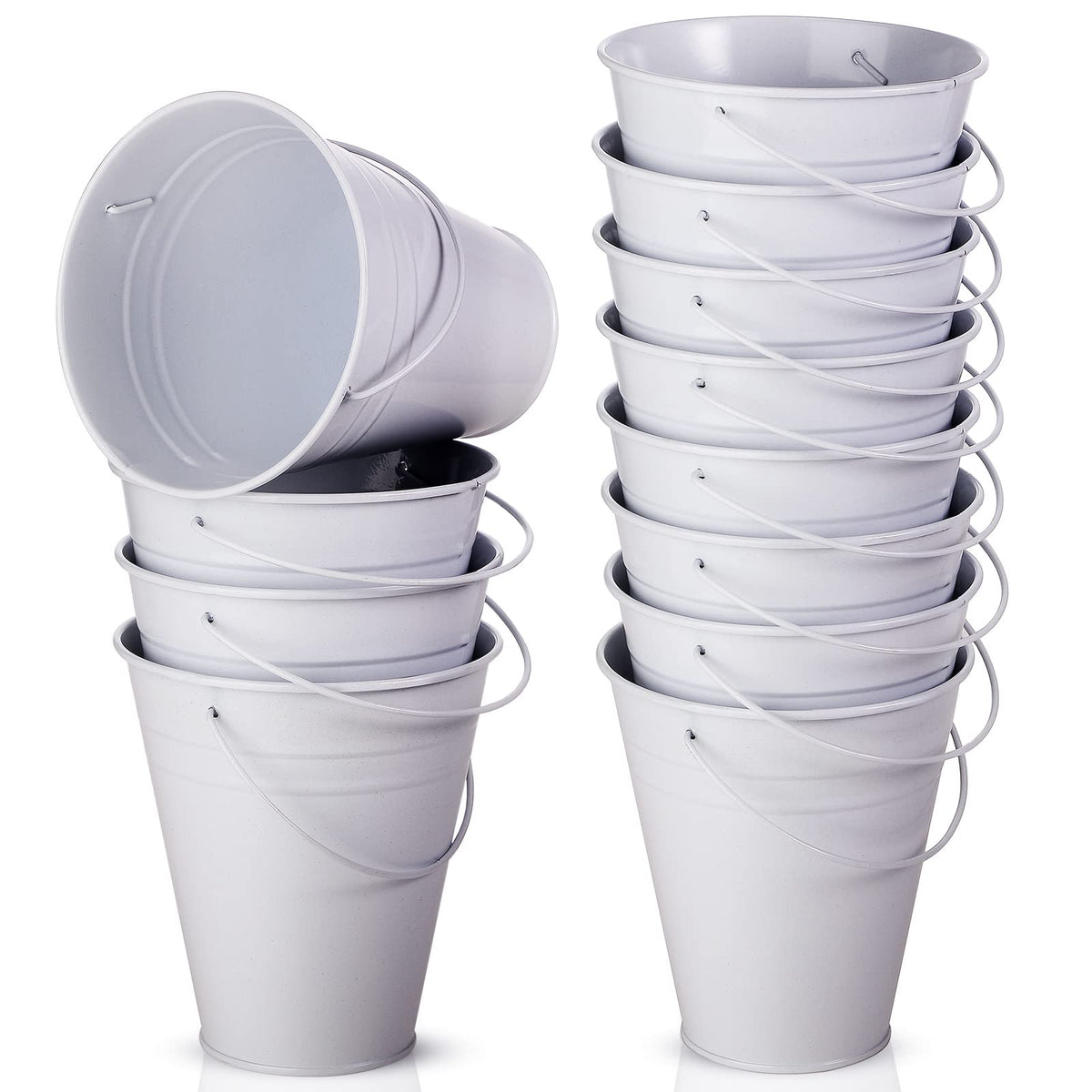 Sadnyy 12-pack metal buckets with handles in galvanized finish for versatile party decor.
