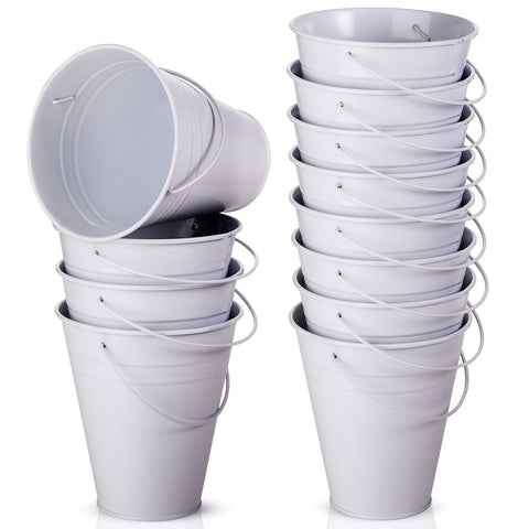 Sadnyy 12-pack metal buckets with handles in galvanized finish for versatile party decor.