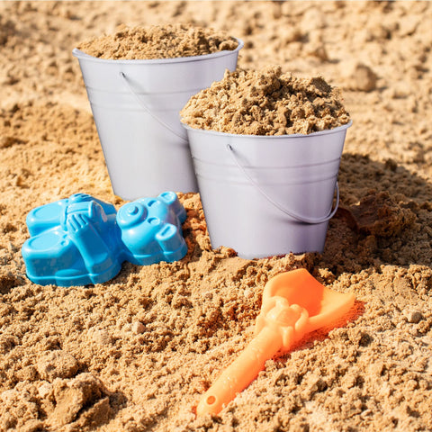 Sadnyy galvanized buckets with handles displayed up close in galvanized metal.