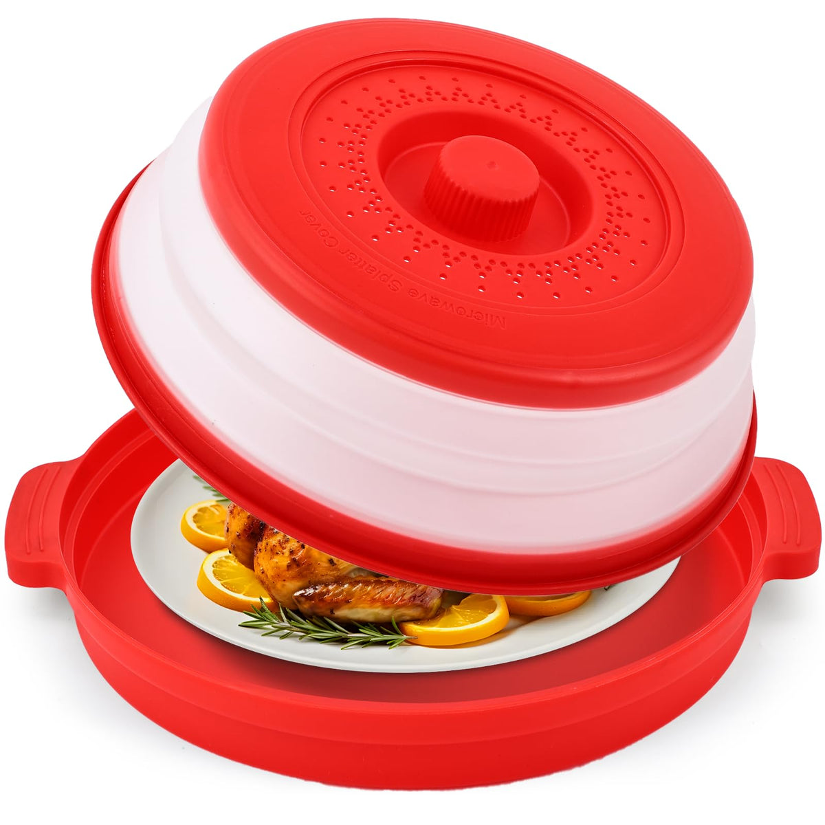 Saebume microwave splatter cover with anti-scald base plate protects hands during reheating.