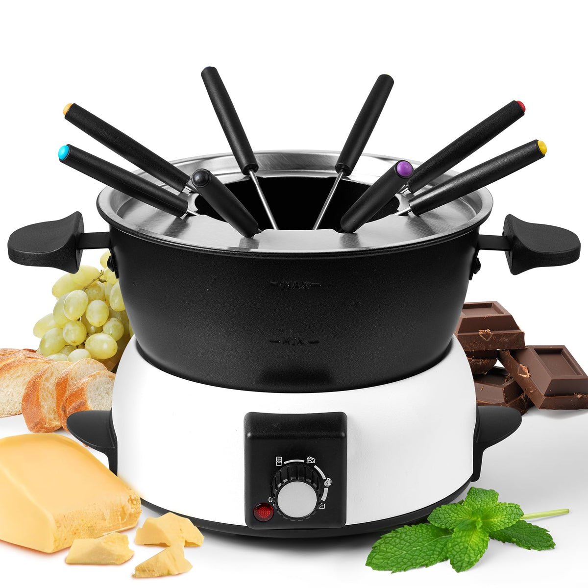 Saenchue FD-10B 3-quart fondue pot for creamy cheese and melted chocolate moments.
