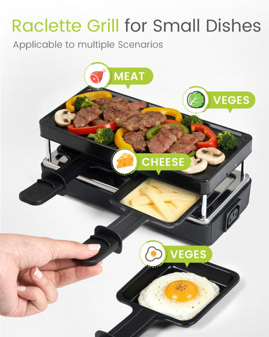 Saenchue raclette 2-person, non-stick striped pan and small square pans.