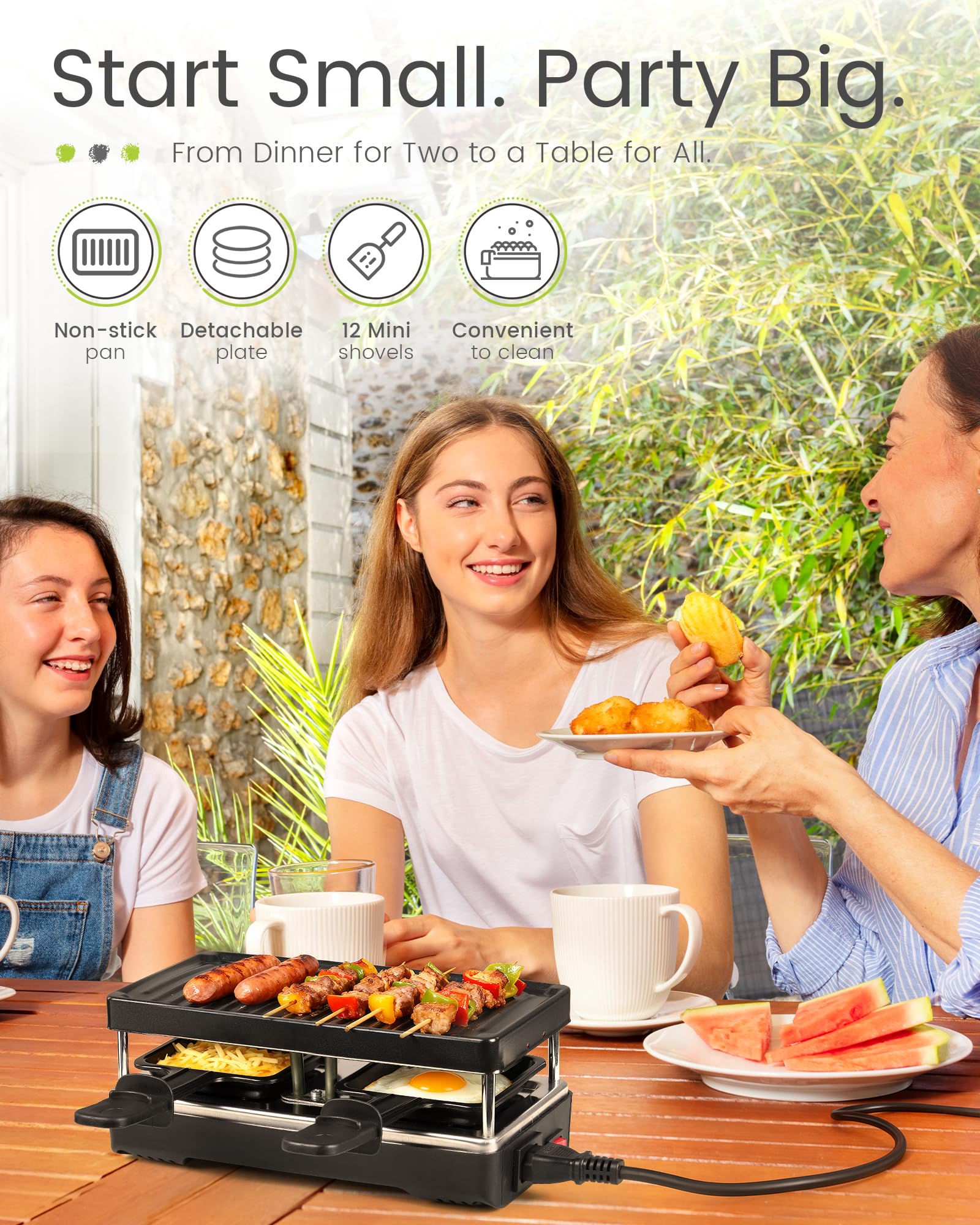Saenchue raclette 2-person melting cheese pan in action, ideal for cheese-focused meals.