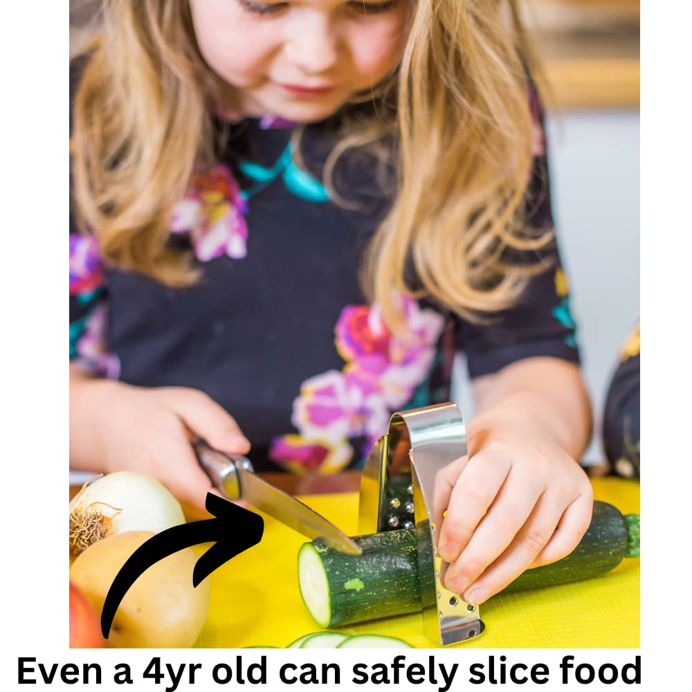 SAFEGRATE finger guard shown during slicing for safer kitchen prep.
