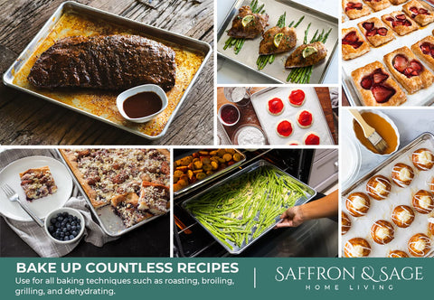 Saffron and Sage 18x13 half-sheet pan ideal for large batches.