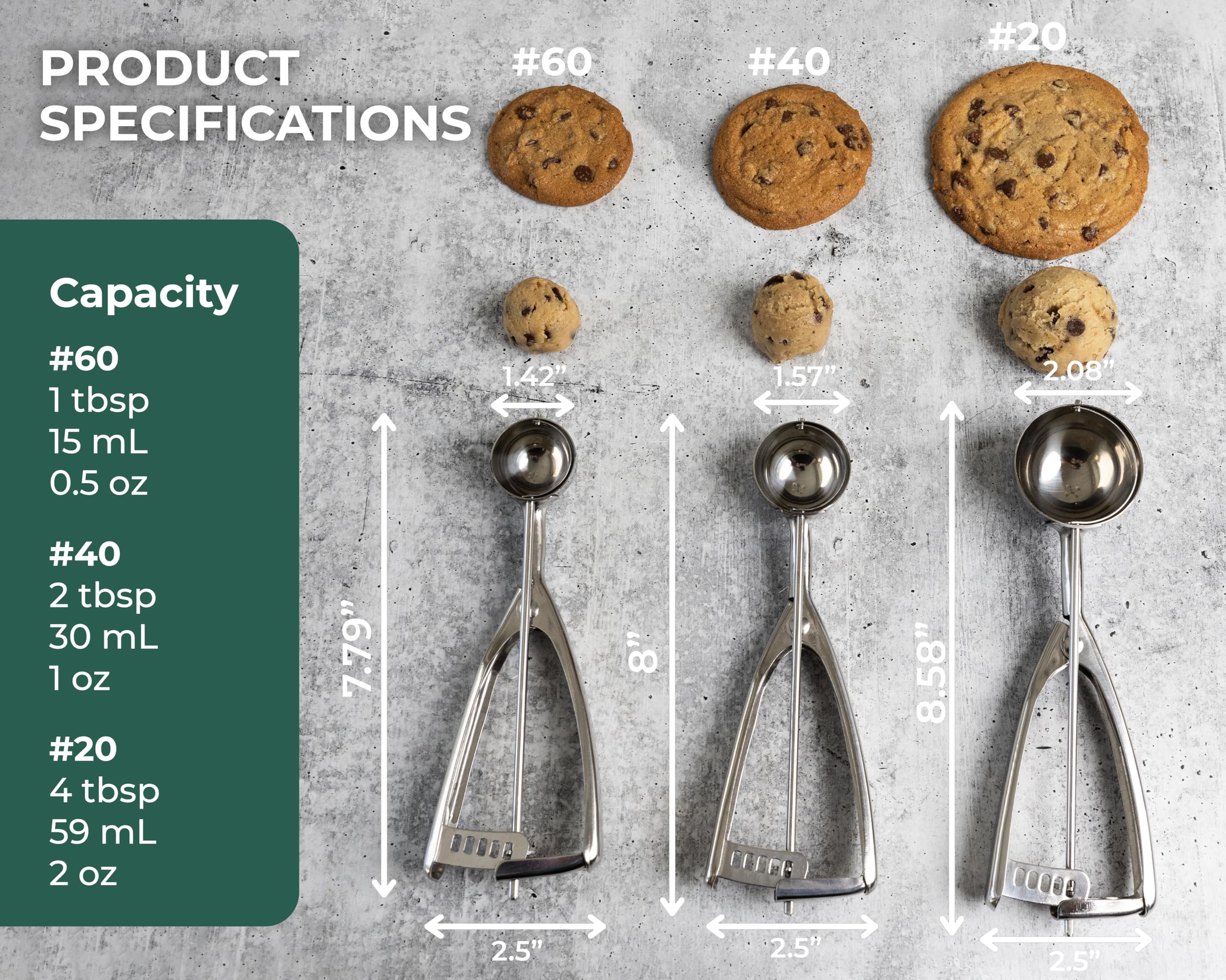 Size comparison of the Saffron & Sage scoops: 1, 2, and 4 tablespoons.