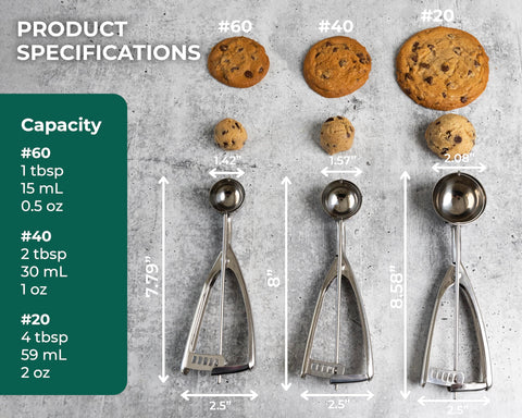 Size comparison of the Saffron & Sage scoops: 1, 2, and 4 tablespoons.