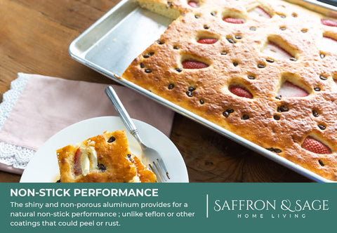 Reinforced rim aluminum pan by Saffron and Sage resists warping.