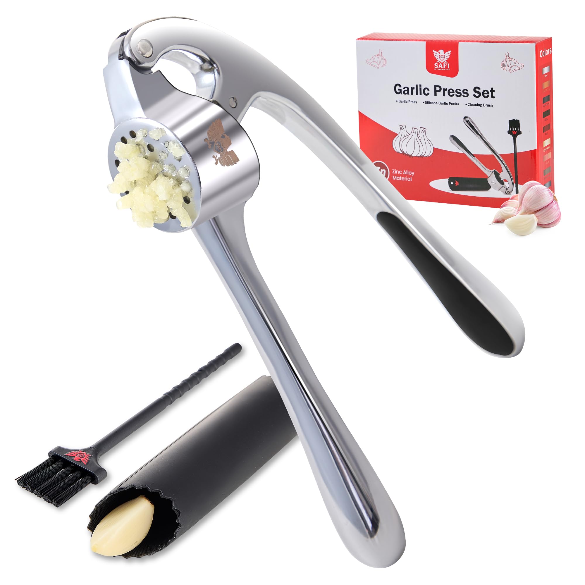 Safi Garlic Press Set front view with zinc alloy handle for effortless prep.