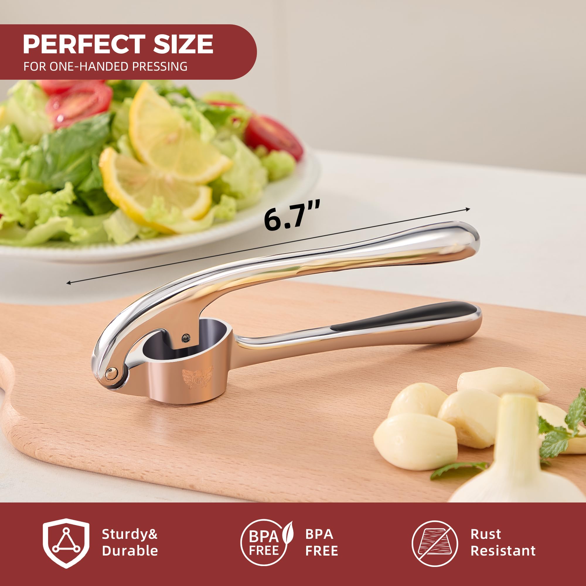 Safi Garlic Press Set showing pressed garlic ready for cooking.