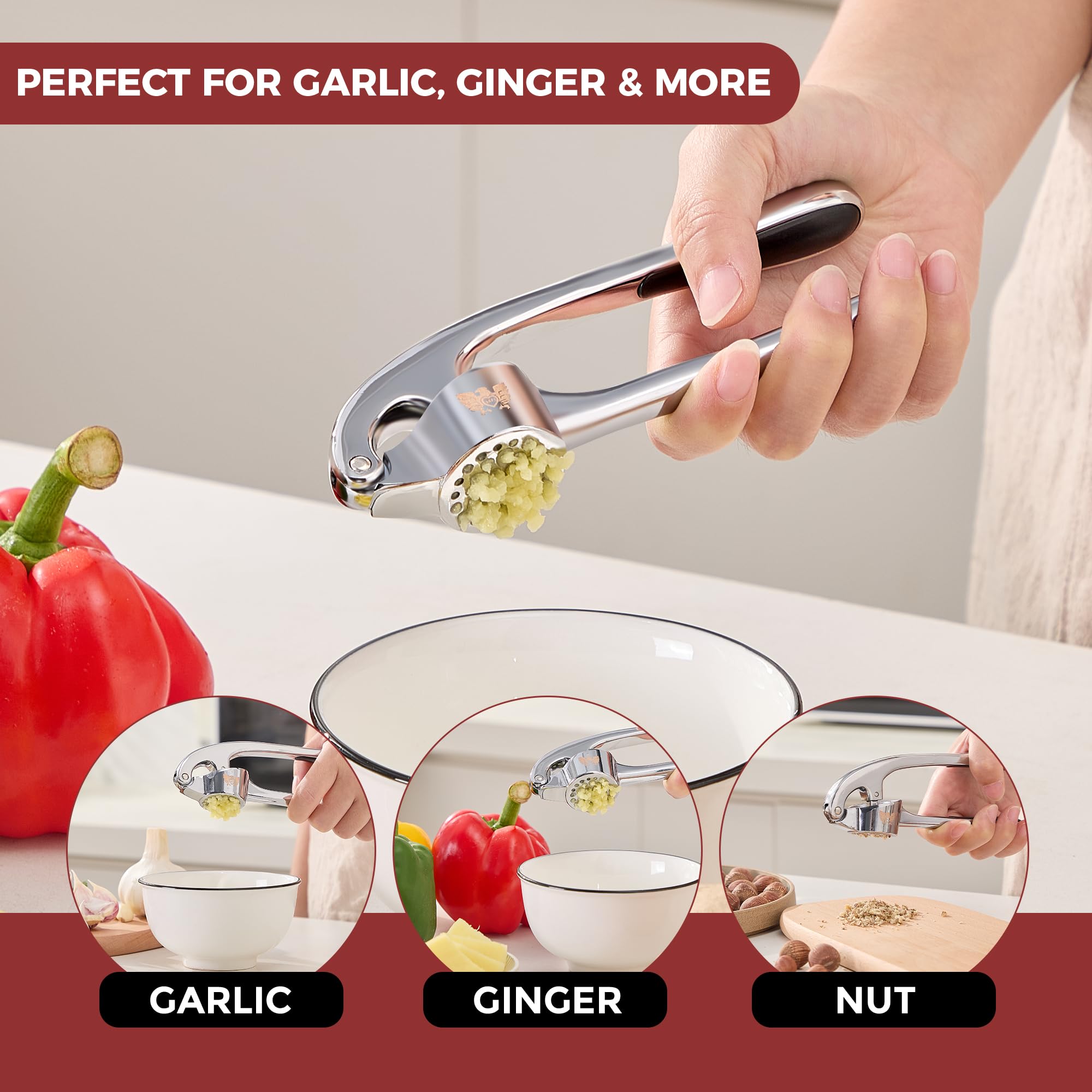 Safi Garlic Press Set silicone peeler in use for quick peeling.