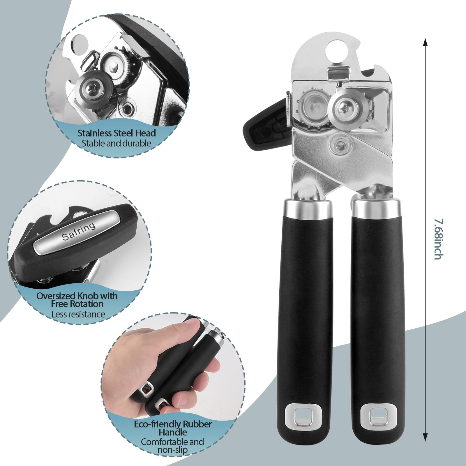 Safring can opener with sharp blade and precision gears for smooth lid cuts