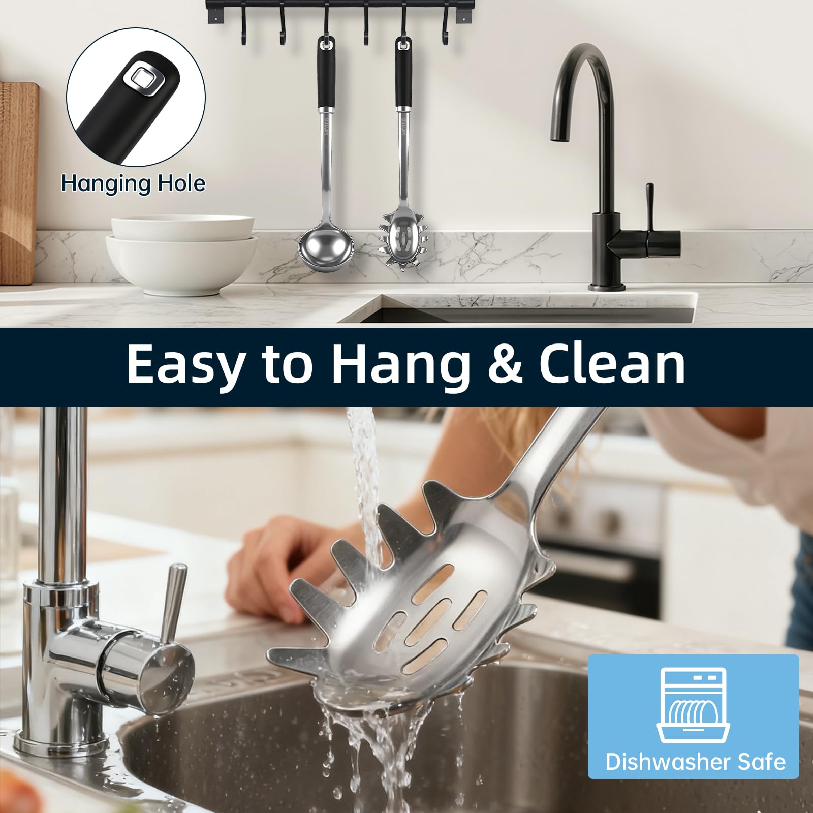Safring slotted spaghetti spoon lifting pasta without dripping