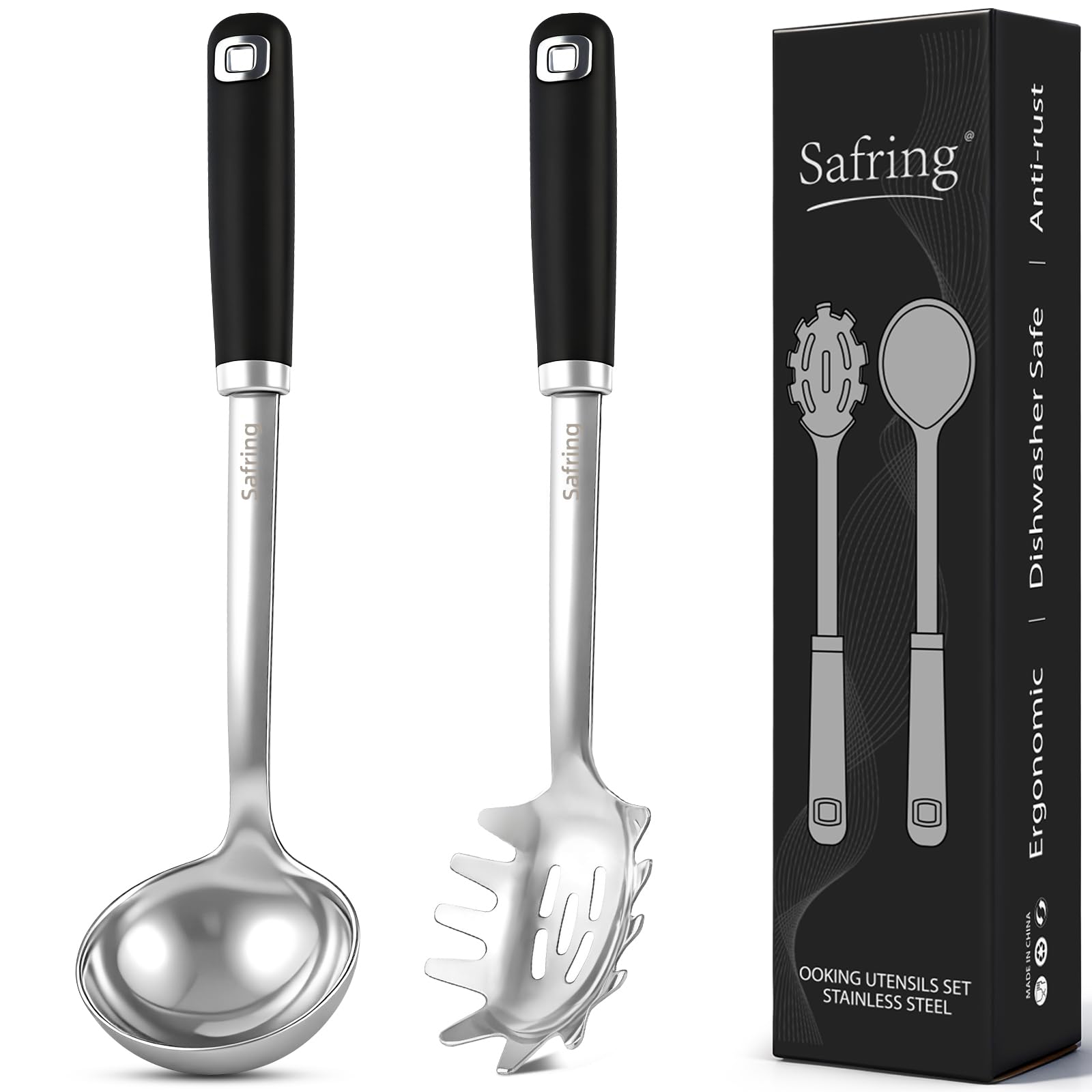 Safring soup ladle in stainless steel showing durable serving design for easy cleanup