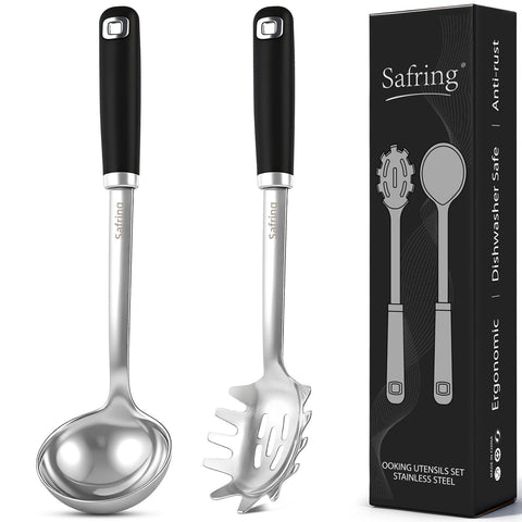Safring soup ladle in stainless steel showing durable serving design for easy cleanup