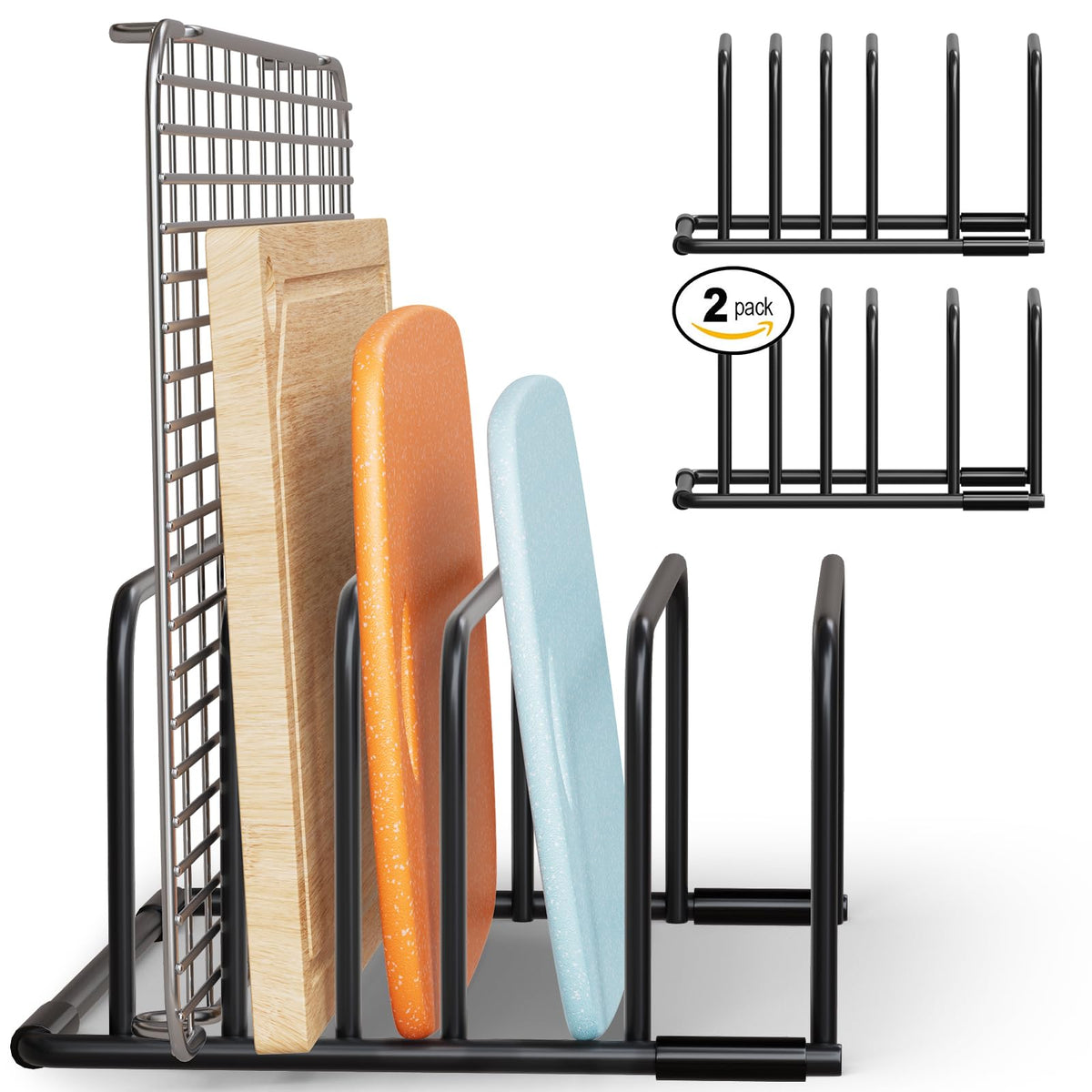 SAGLAU heavy-duty 5-slot organizer rack on a counter keeping boards tidy and accessible