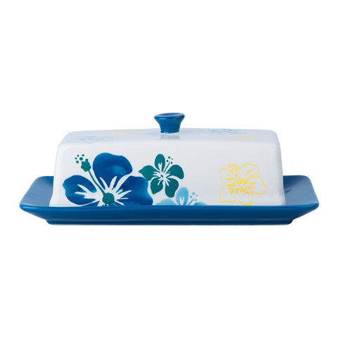 Sagoskat butter dish with lid in blue keeps butter covered and fresh on the kitchen counter.