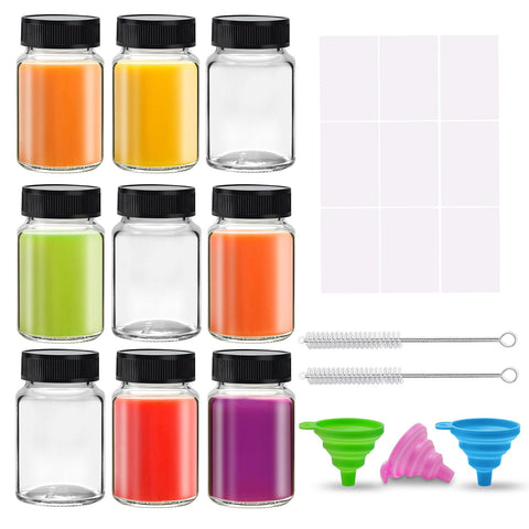 SAIAOKJ 9-pack 2oz glass bottles with leakproof lids for portable drinks.