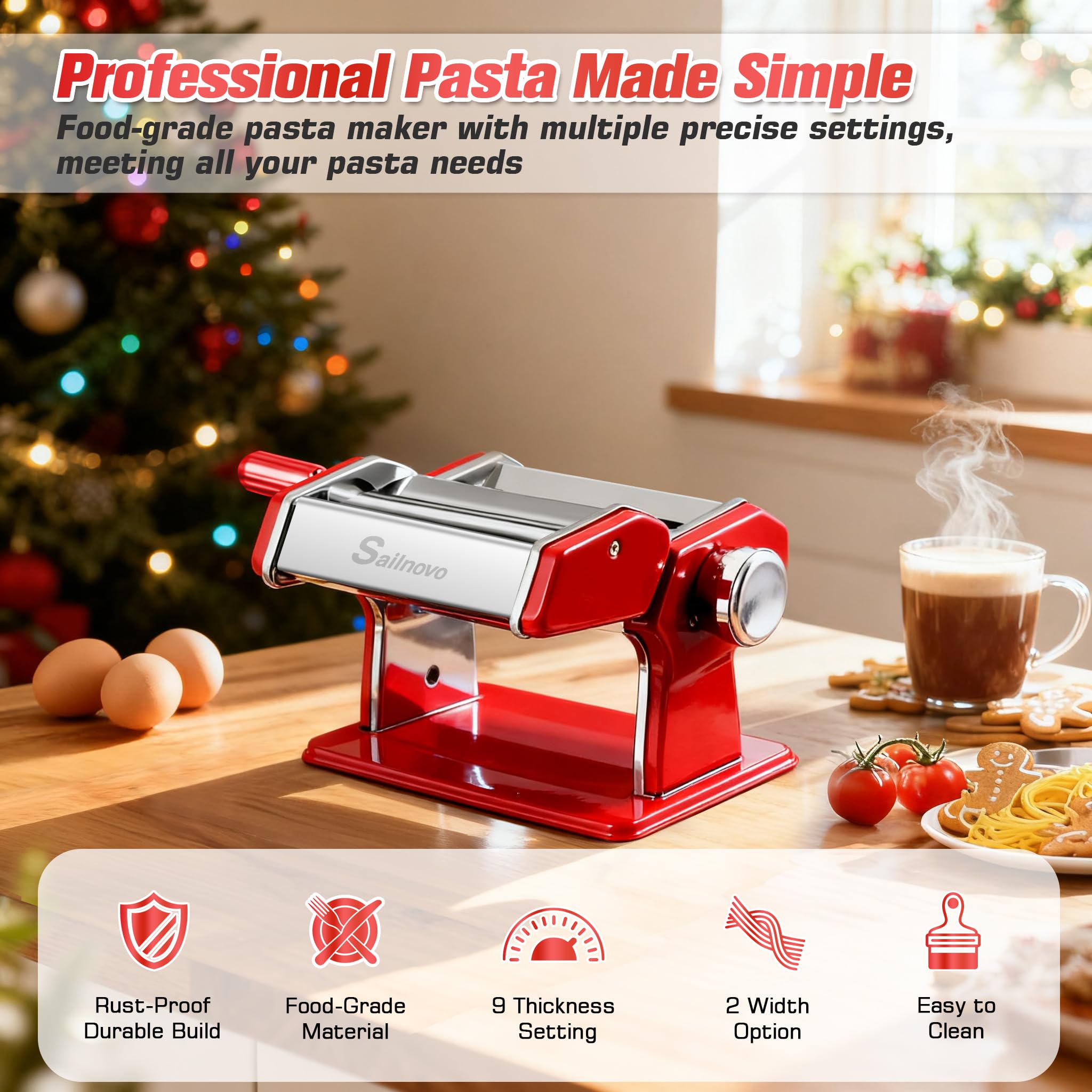 Sailnovo pasta maker shows nine thickness settings for precise dough