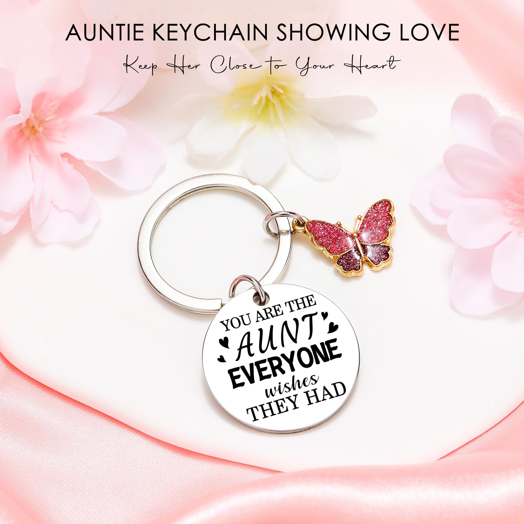 Saineron stainless steel Aunt keychain features a butterfly charm.