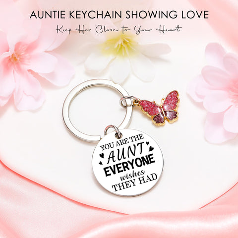 Saineron stainless steel Aunt keychain features a butterfly charm.