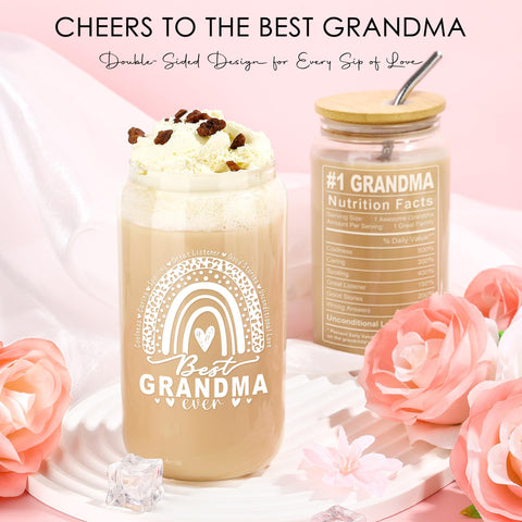 Saineron grandma glass cup 16oz with Best Grandma Ever and nutrition facts.