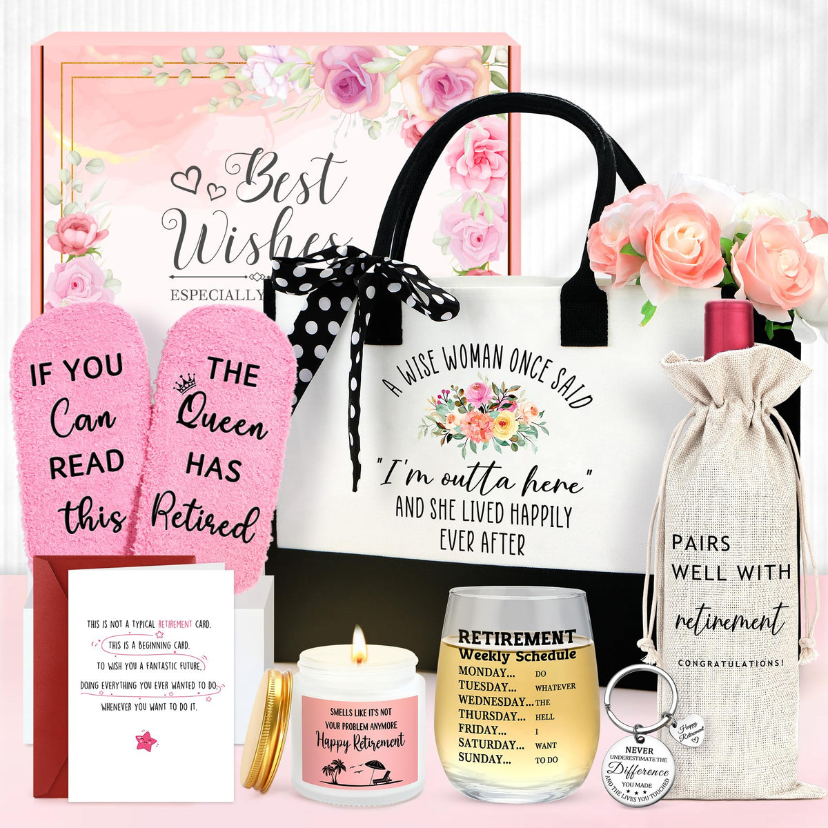 Saineron retirement tote bag with polka dot ribbon, a stylish farewell gift