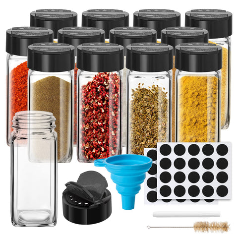 Saiveina 12-pack glass spice jars for organized kitchen storage.
