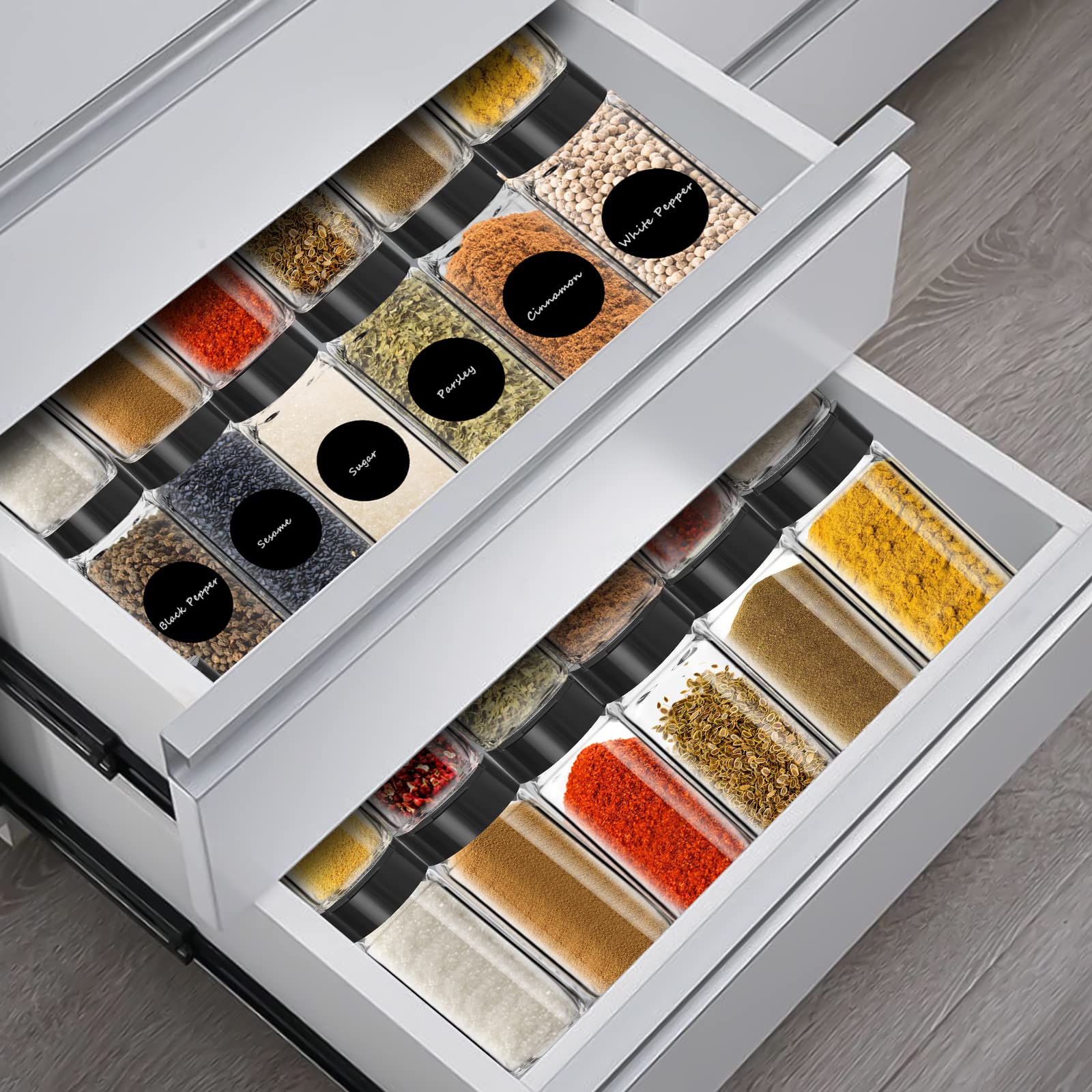 Saiveina kitchen storage solution keeps spices neatly organized.