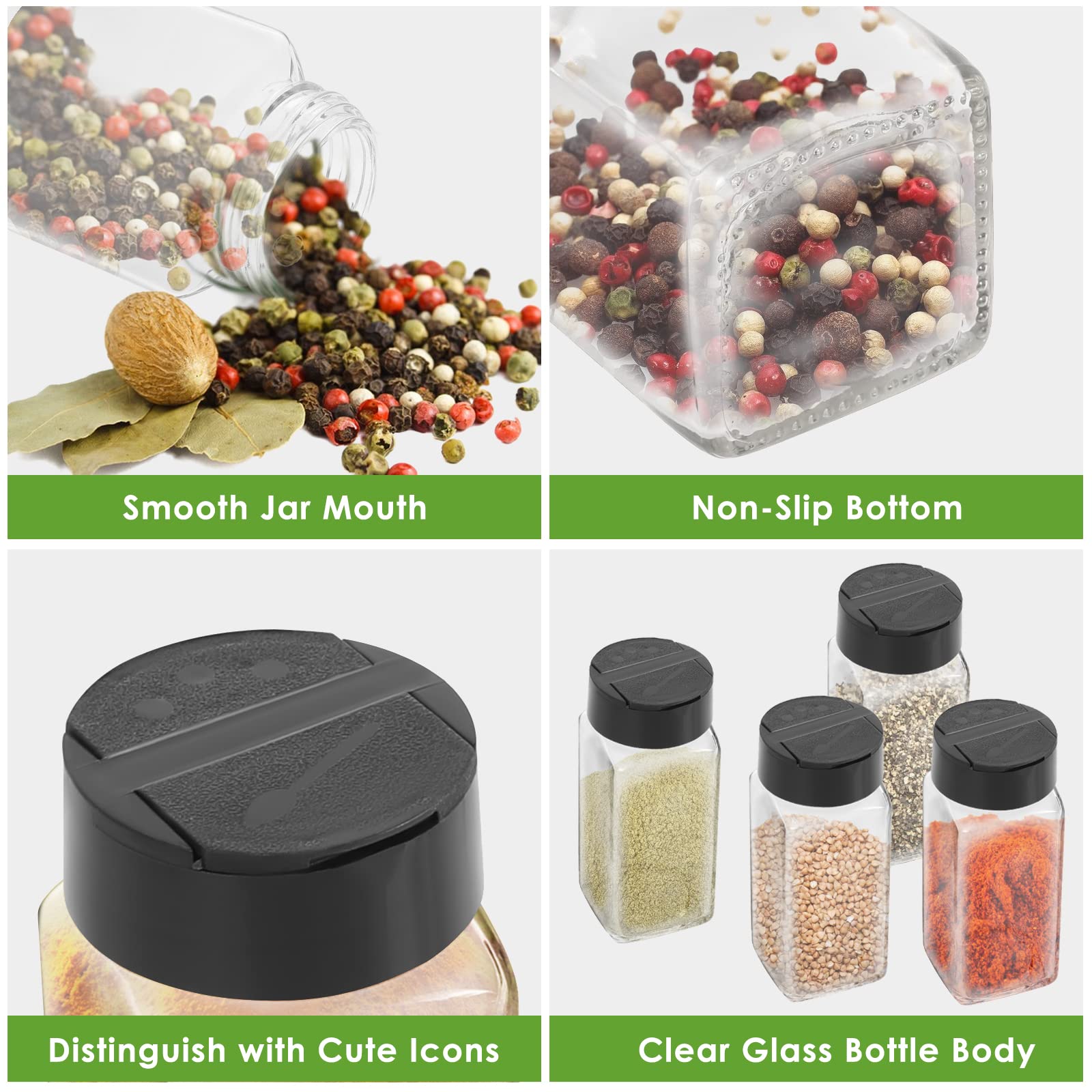 Saiveina spice jars with black shaker lids for easy pouring.
